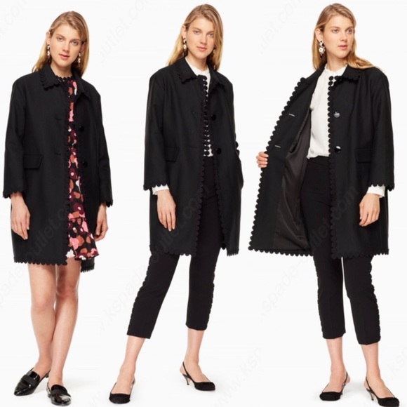 Kate Spade Floral Lace Trim Coat Trench Black Flower Size 6 Cotton Virgin Wool